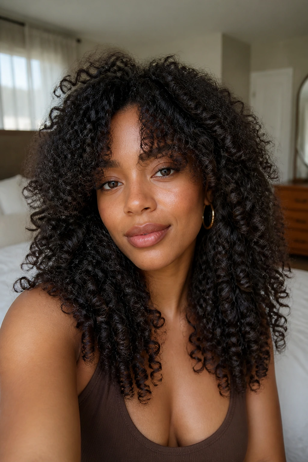 Close-up portrait of a real Black woman with butterfly layers on 3B curls