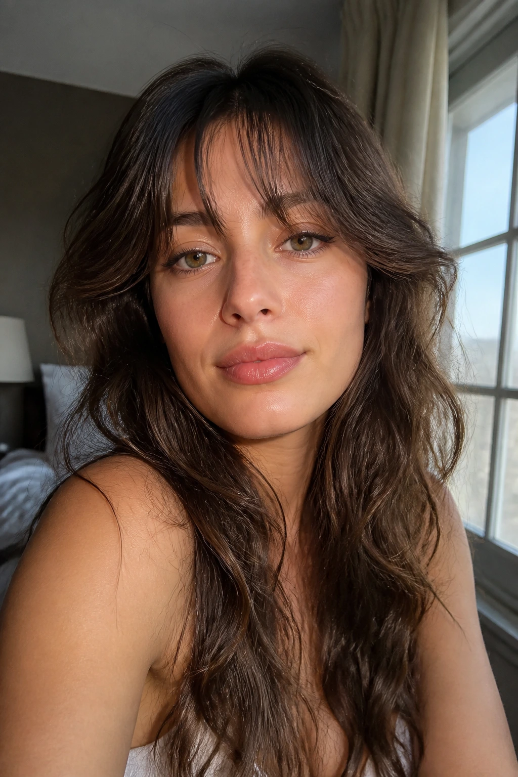 Close-up portrait of a real woman with butterfly layers and broken bangs in warm window light