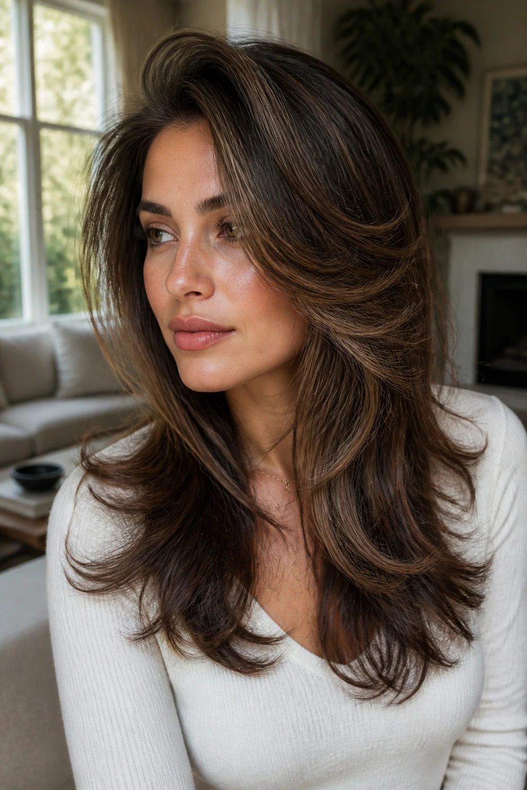 Close-up of a woman with butterfly layers blowout and side part in a sunlit living room