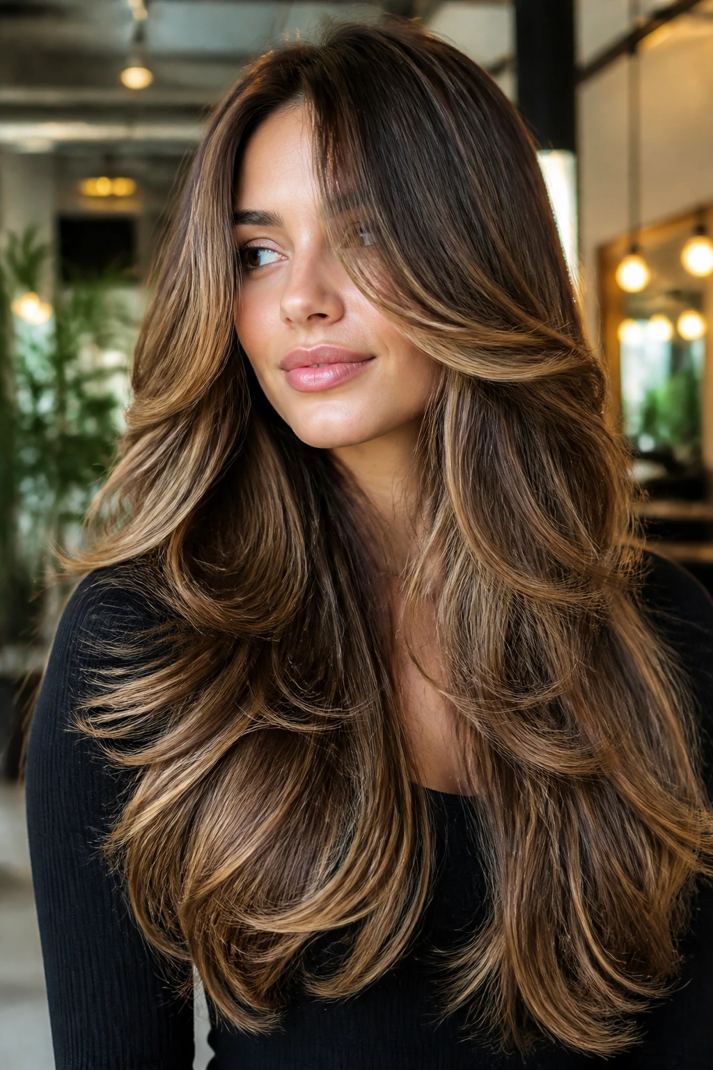 Portrait of a real woman with long butterfly layers and caramel balayage