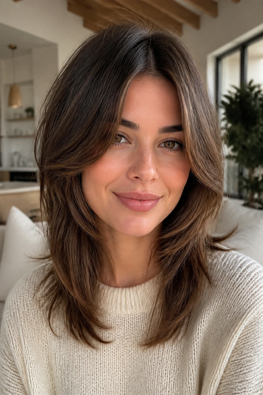 Real person with butterfly layers and soft center part in natural daylight