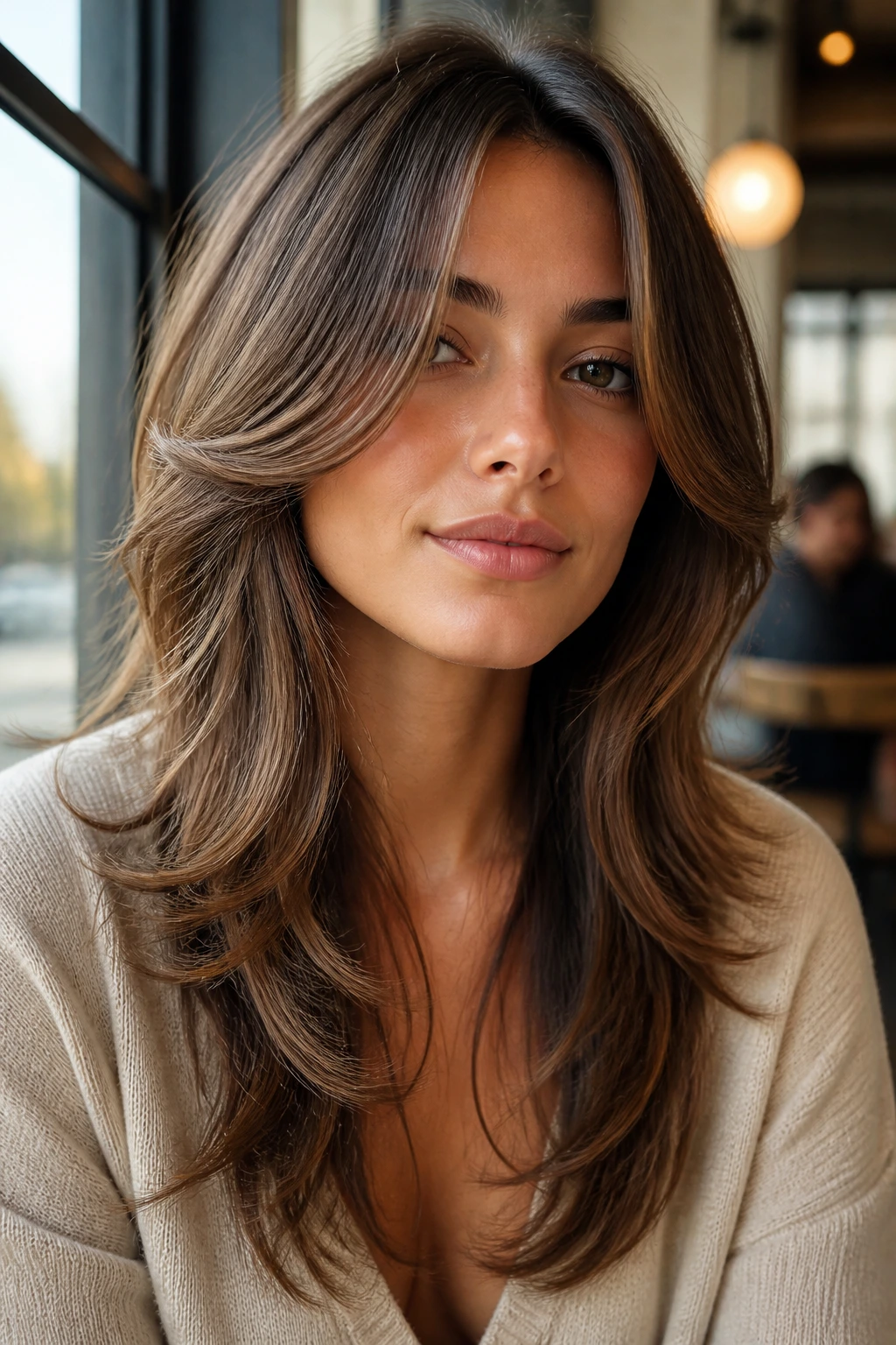 Portrait of a real woman with butterfly layers flipping at the cheekbone, soft daylight.