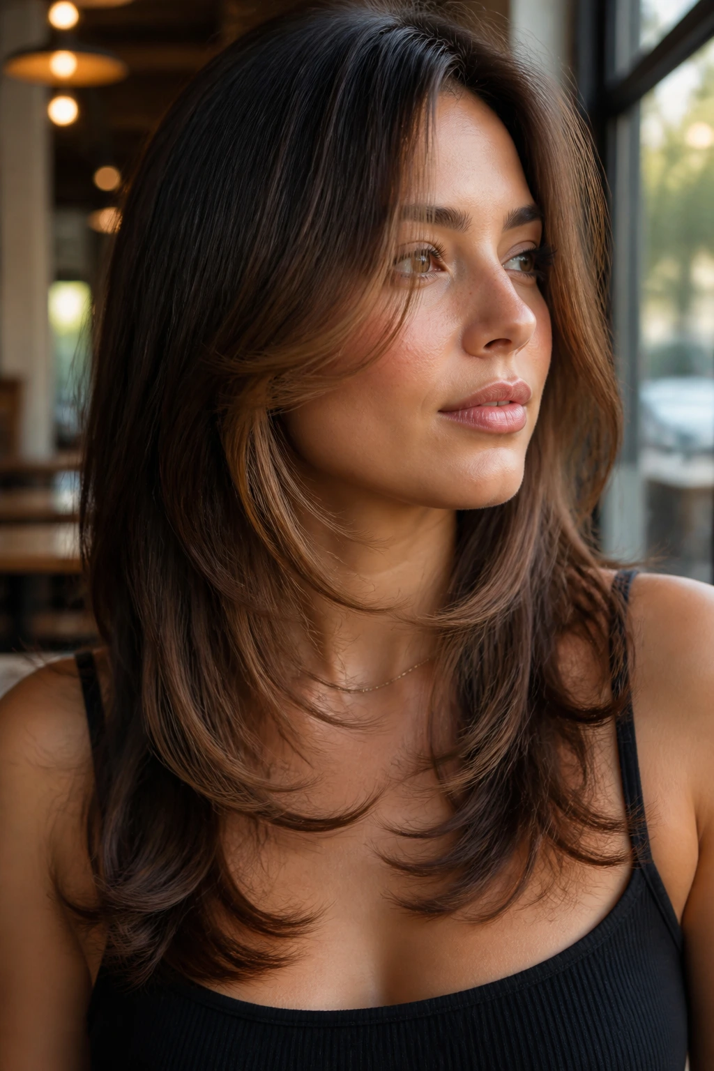 Real woman with butterfly layers at collarbone length framing the face