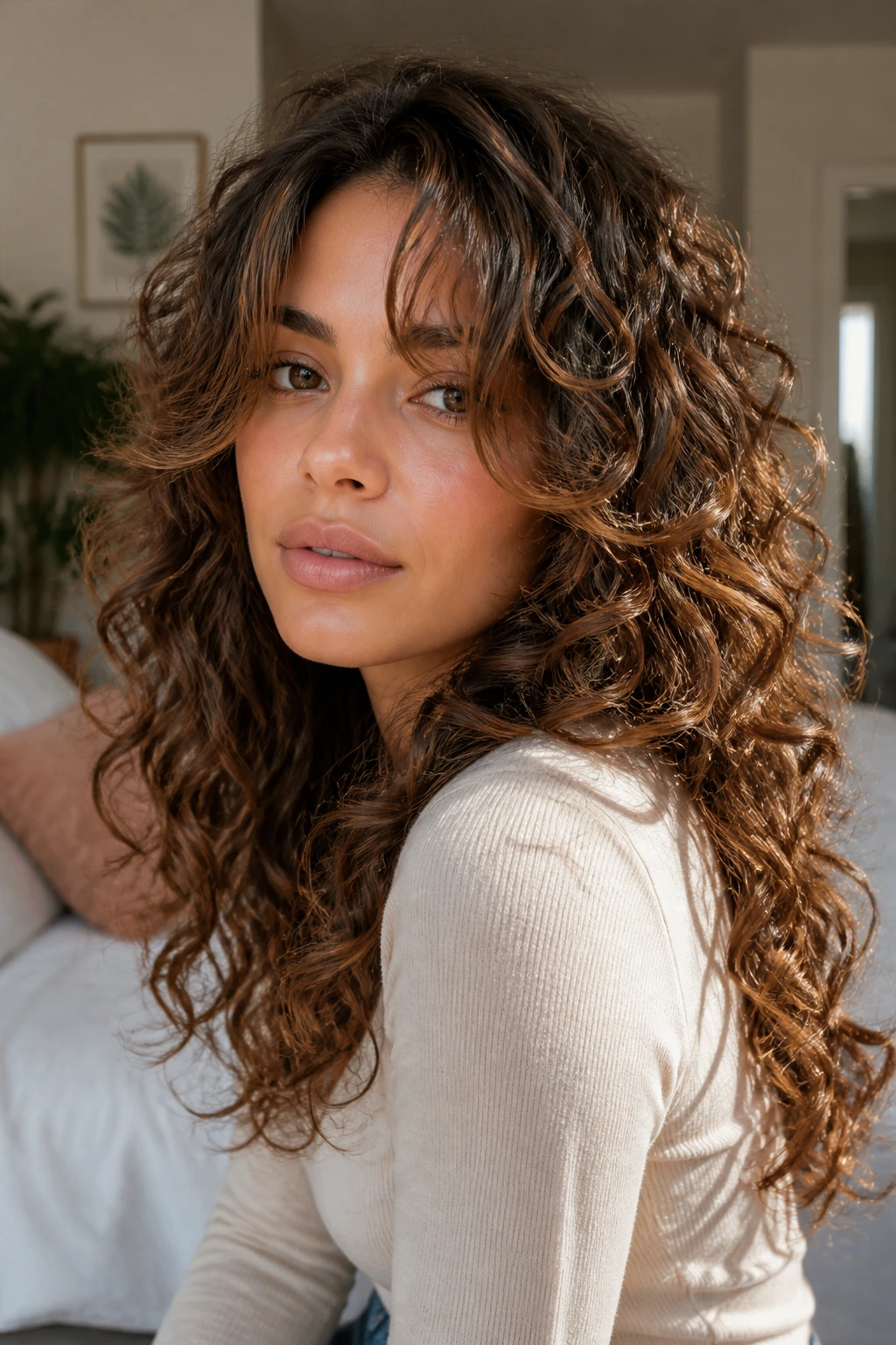 Close-up portrait of a real woman with butterfly layers and floating front bangs framing the face