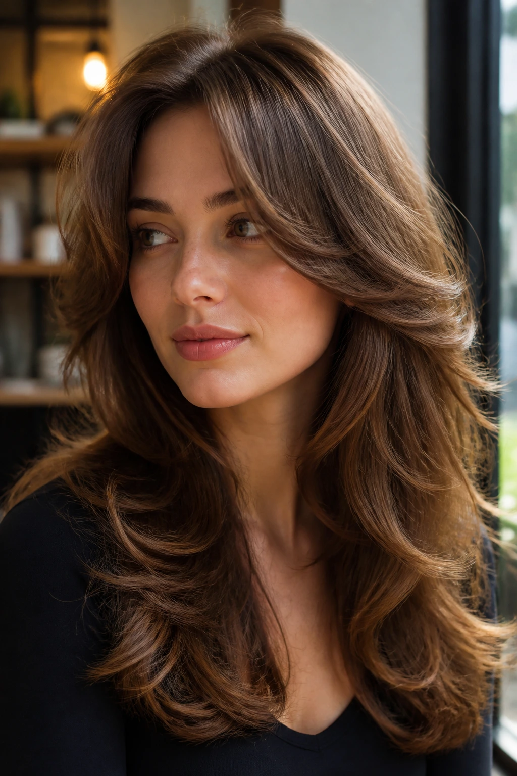 Real woman with butterfly layers and soft curtain pieces framing the face in a warm setting.