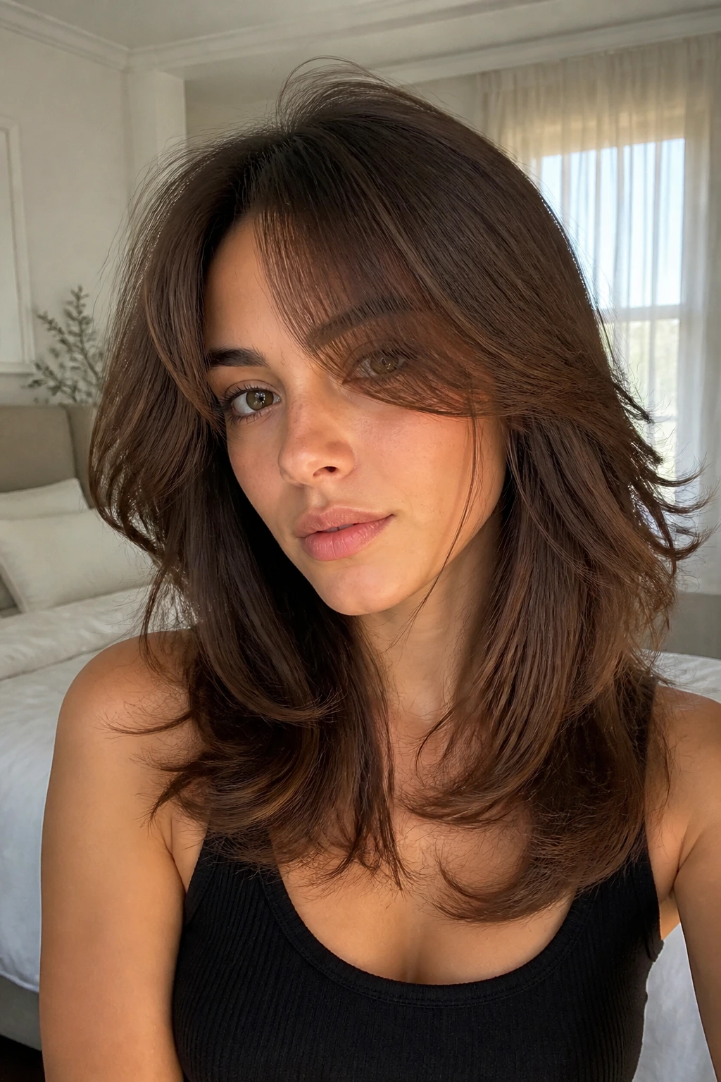 Portrait of real woman with butterfly layers and long curtain bangs in softly lit bedroom