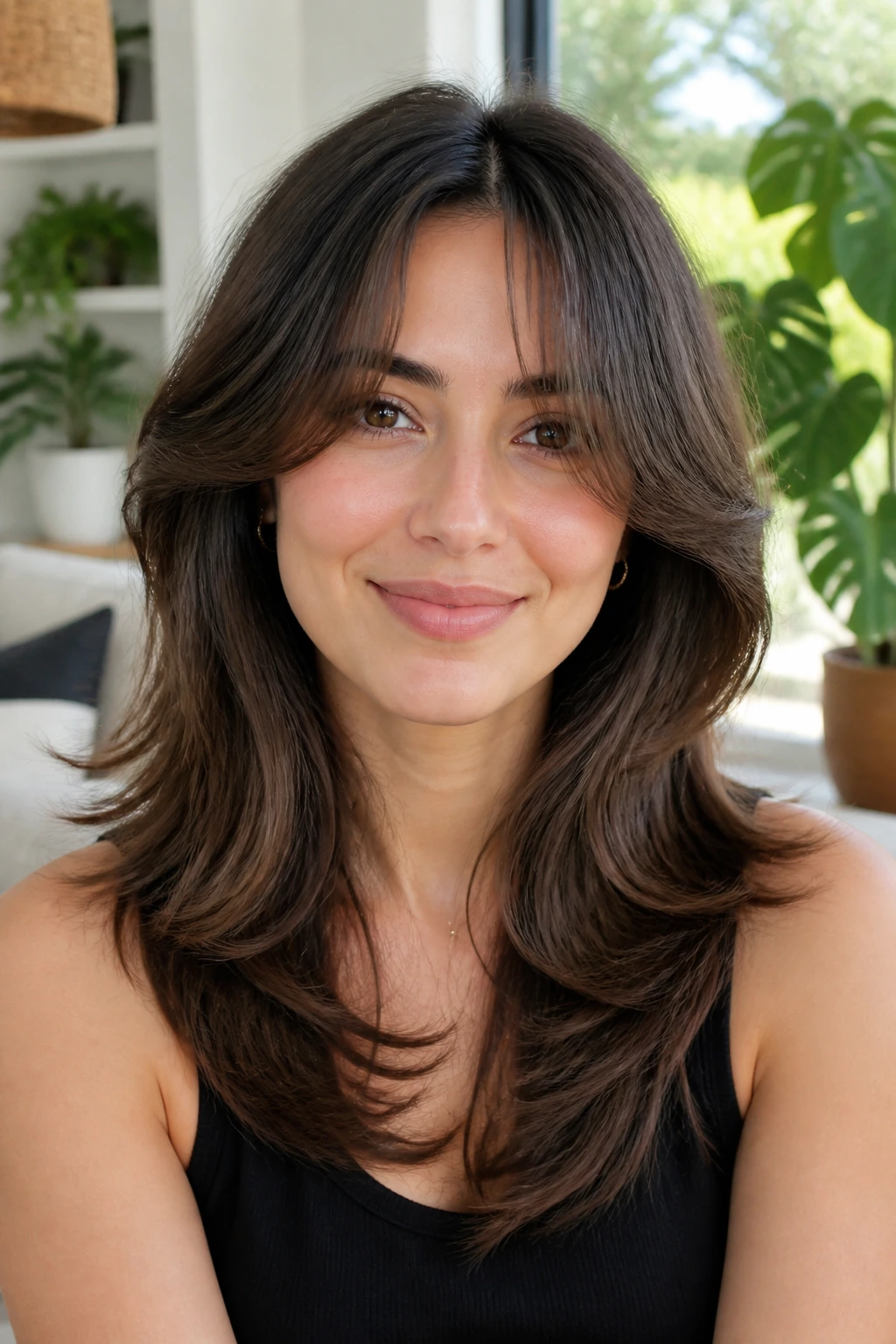 Portrait of a person with butterfly layers and face-framing curtains