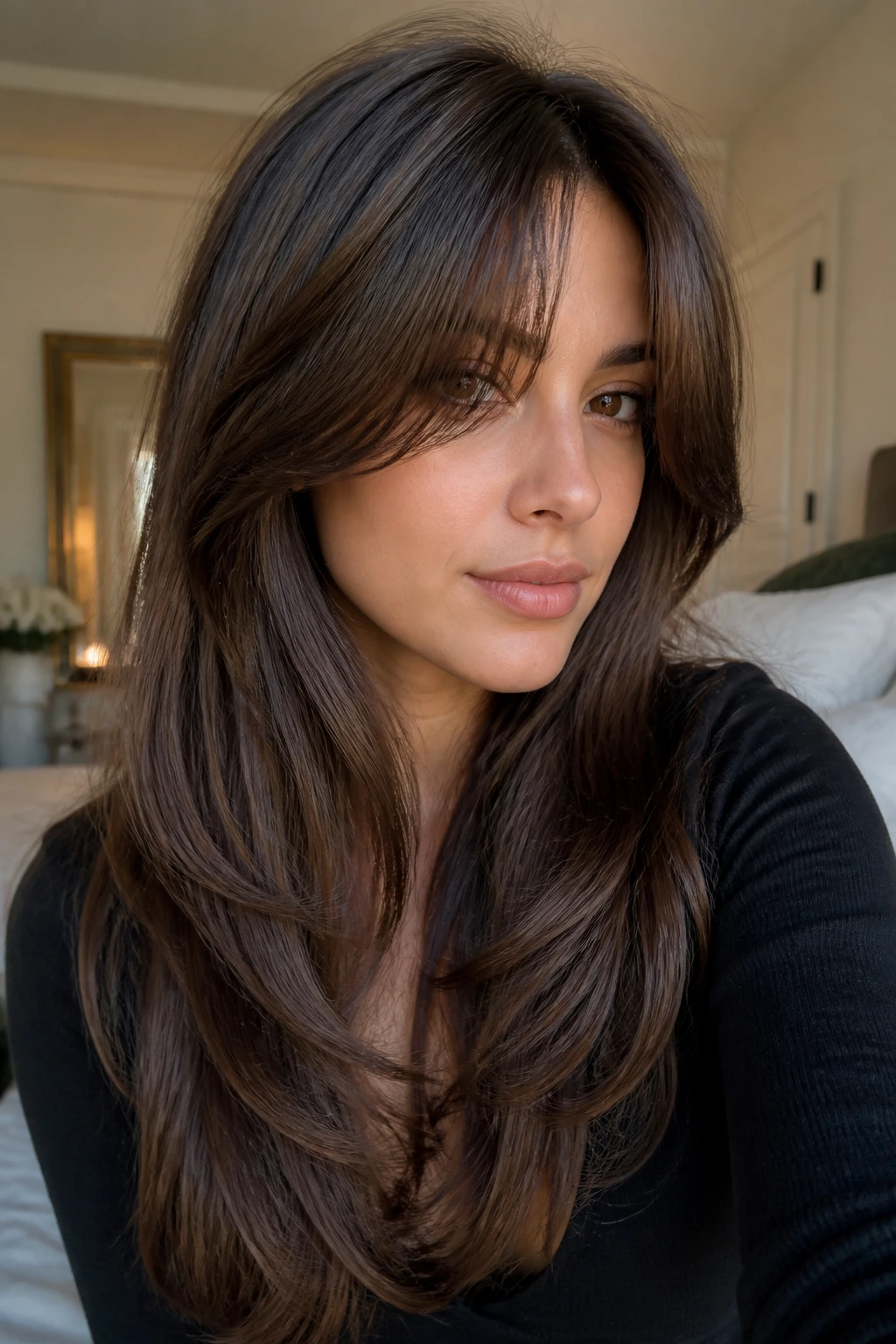 Portrait of a person with long butterfly layers and curtain bangs in soft daylight.