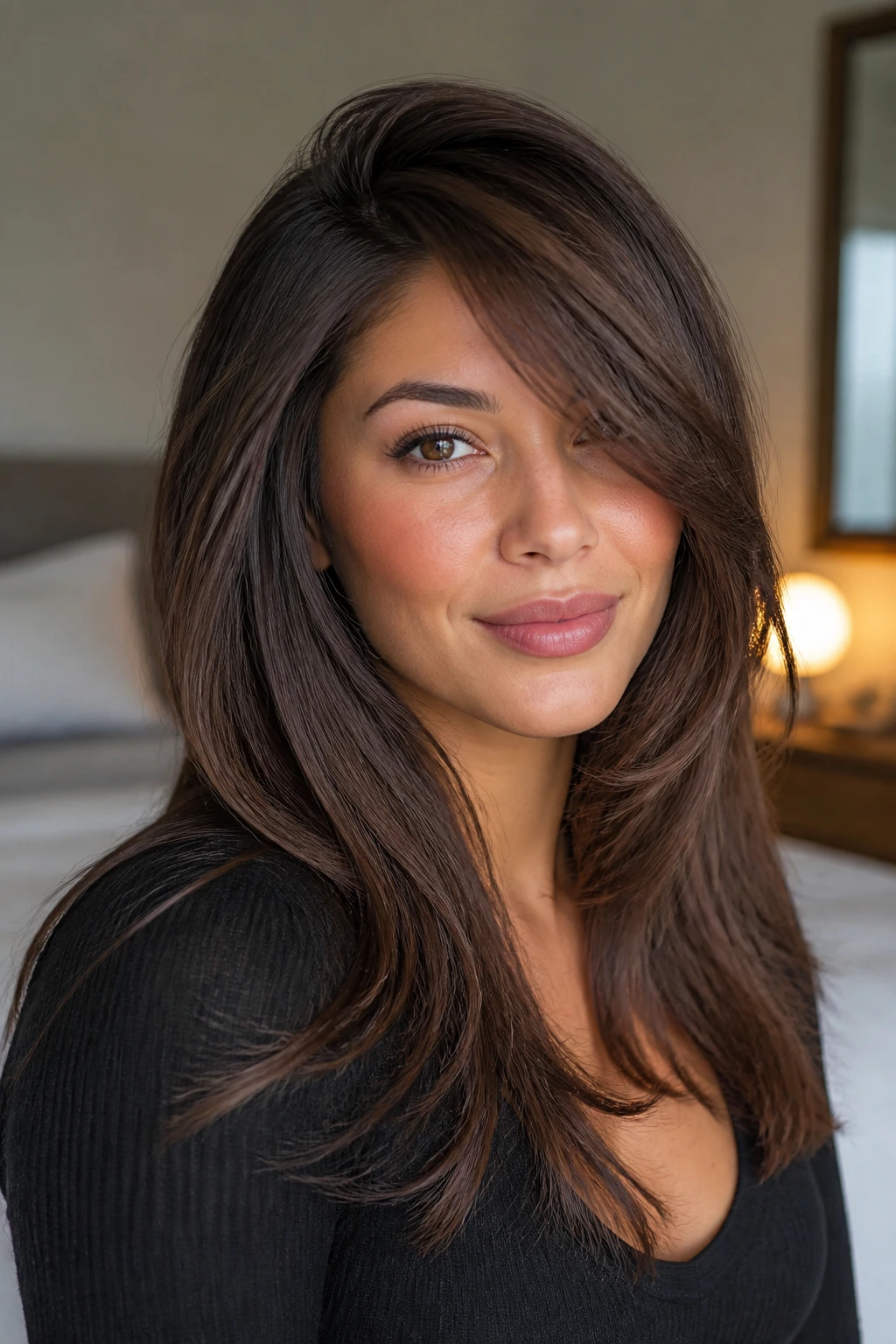 Close-up of a real woman with side-swept butterfly layers and a deep part in warm window light