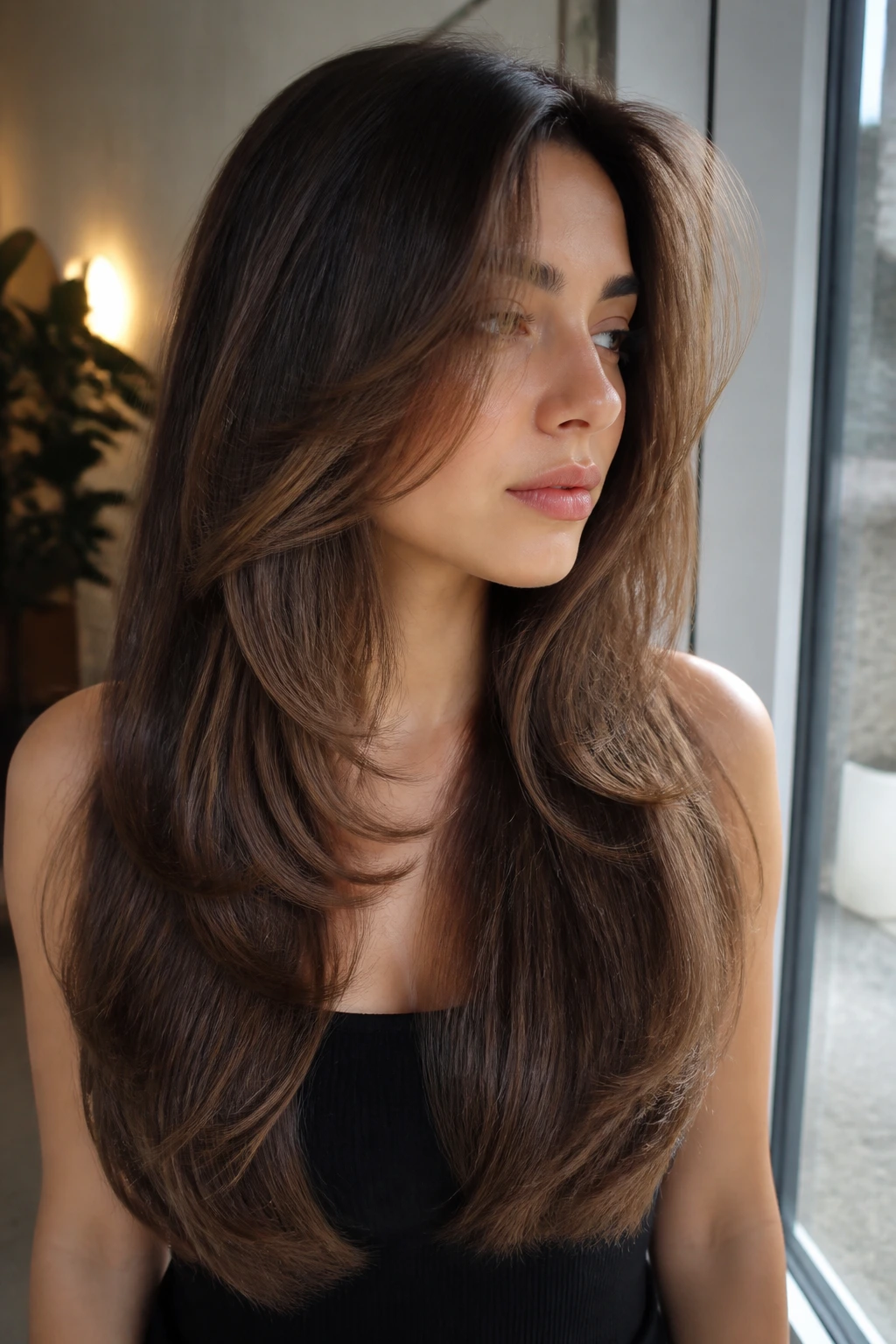 Close-up of a real woman with butterfly layers and face-framing pieces resting near cheeks.