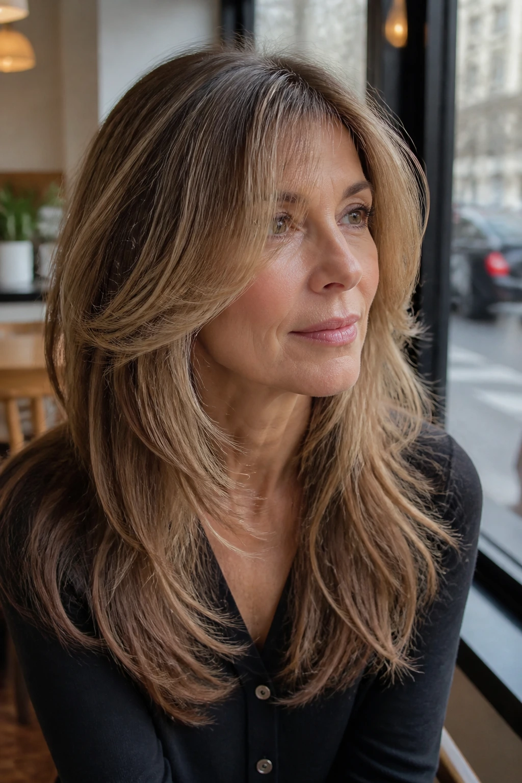 Close-up of real woman with butterfly layers around the face