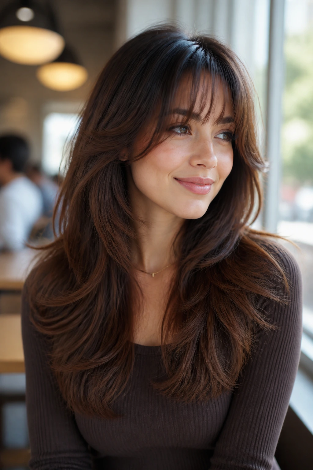 Close-up portrait of a woman with butterfly layers and feather-light bangs in a sunlit cafe setting.