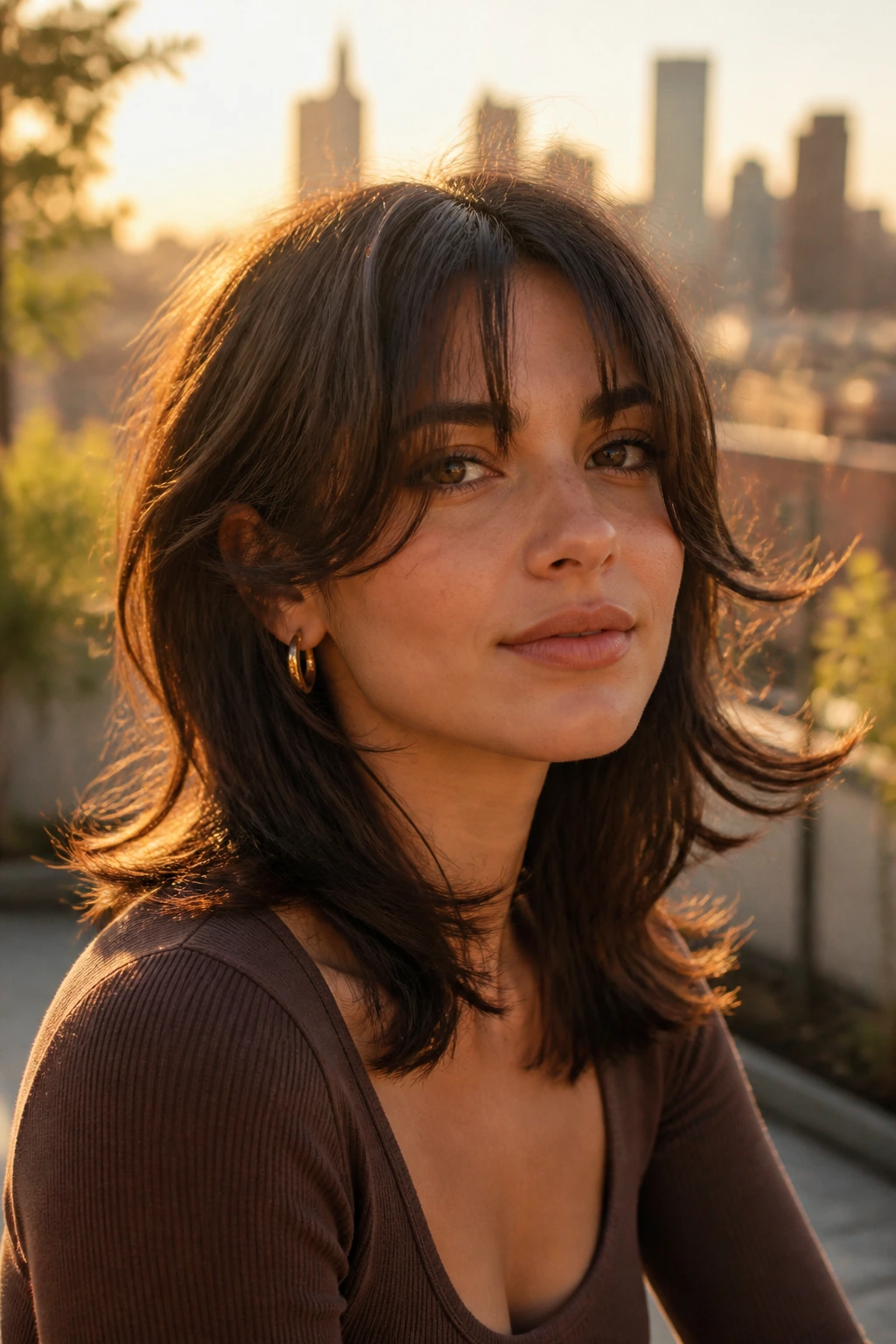 Portrait of a real woman with butterfly layers and a floating fringe