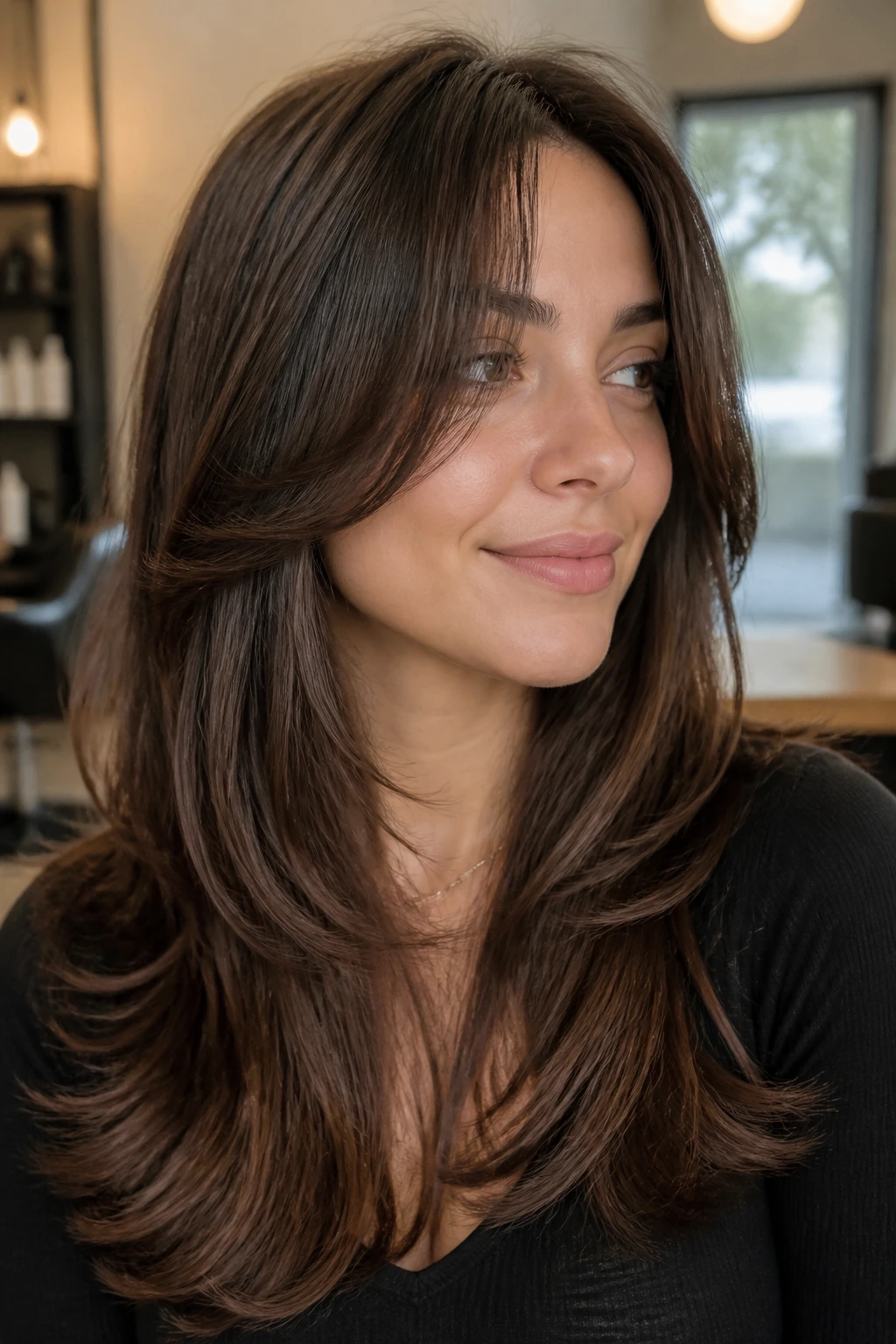 Close-up portrait of a real woman with butterfly layers and airy face framing in a salon.