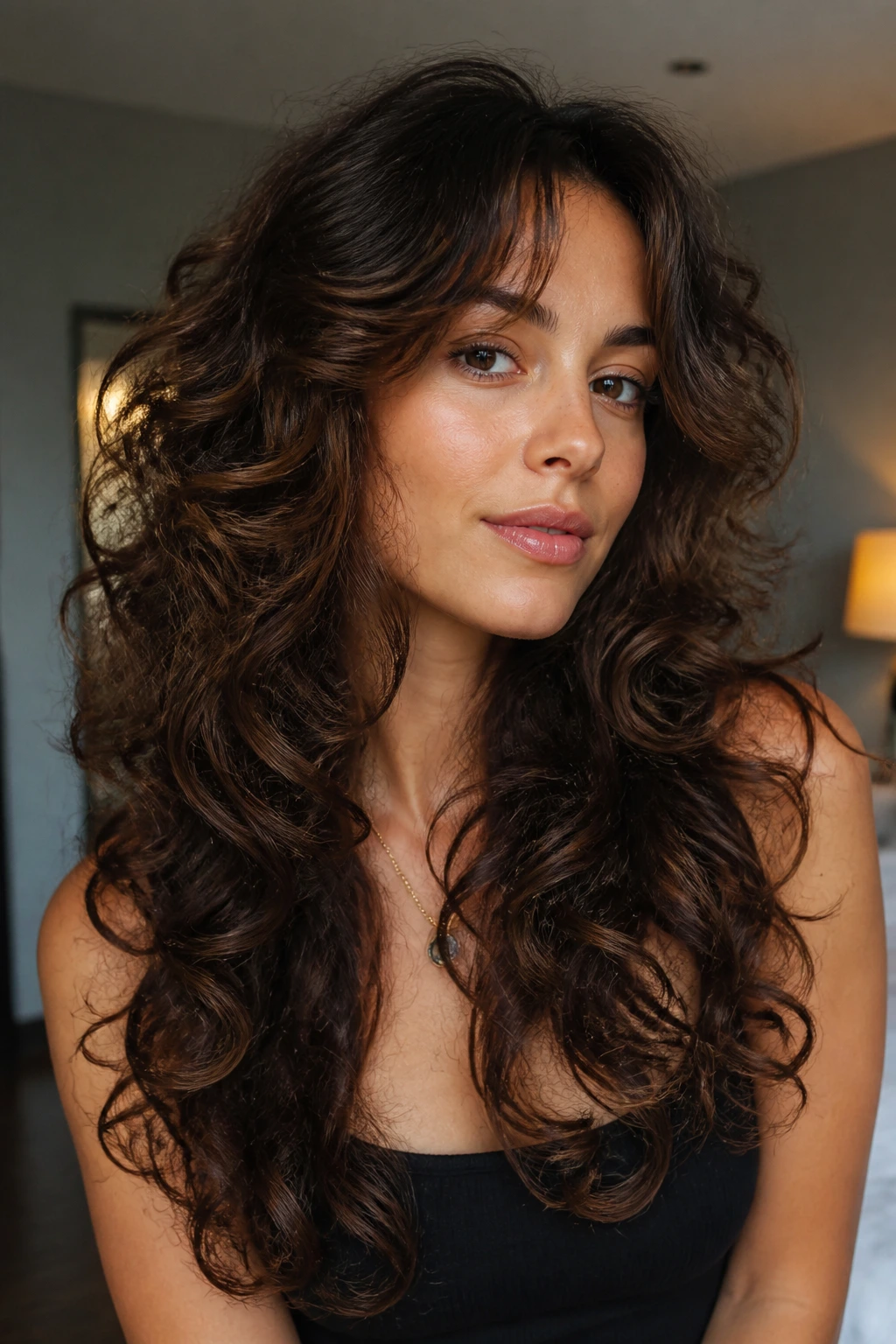 Portrait of a real person showing butterfly layers with lifted crown and long ends