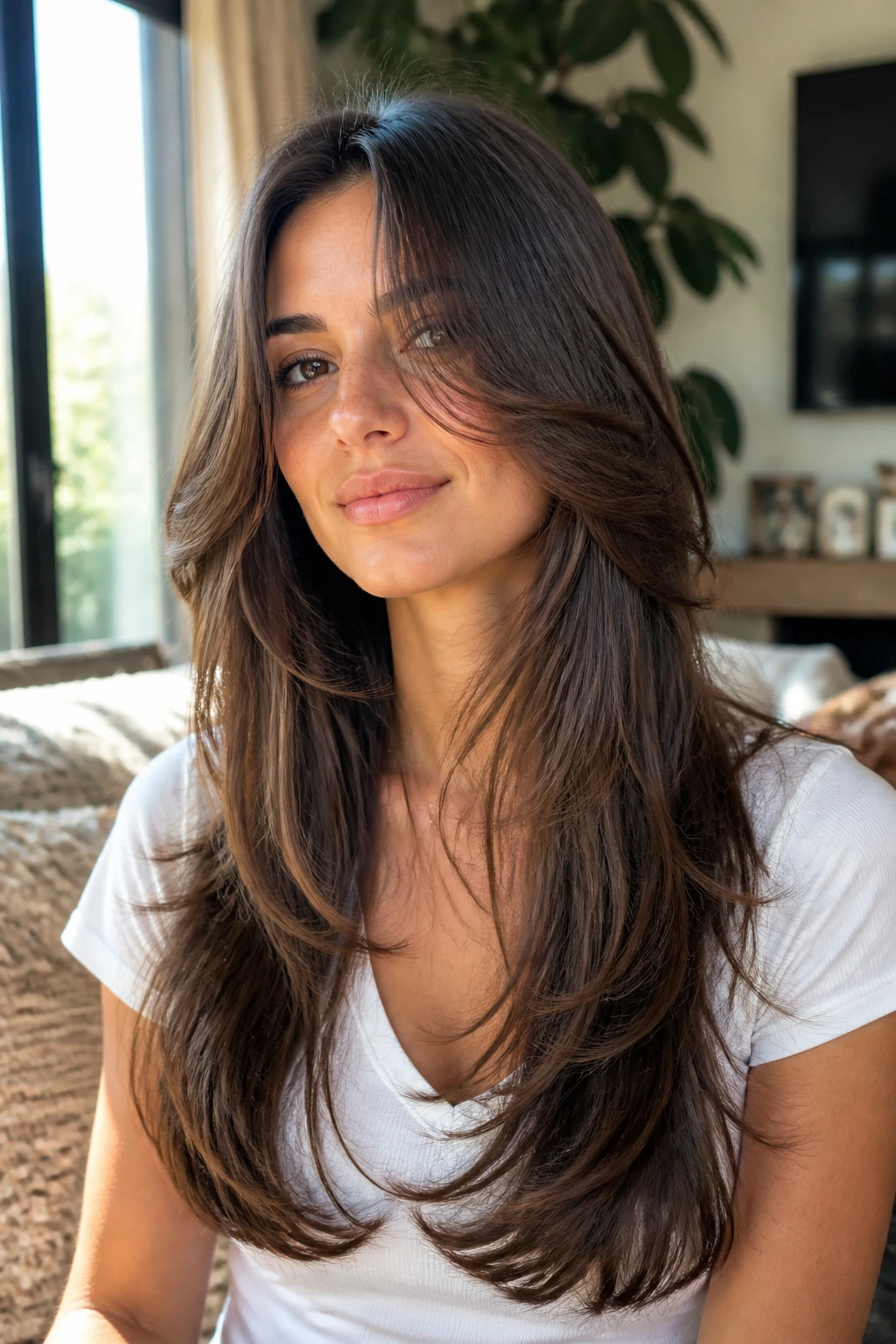 Portrait of a woman with classic long butterfly layers showing cheekbone-framing front pieces and flowing back layers