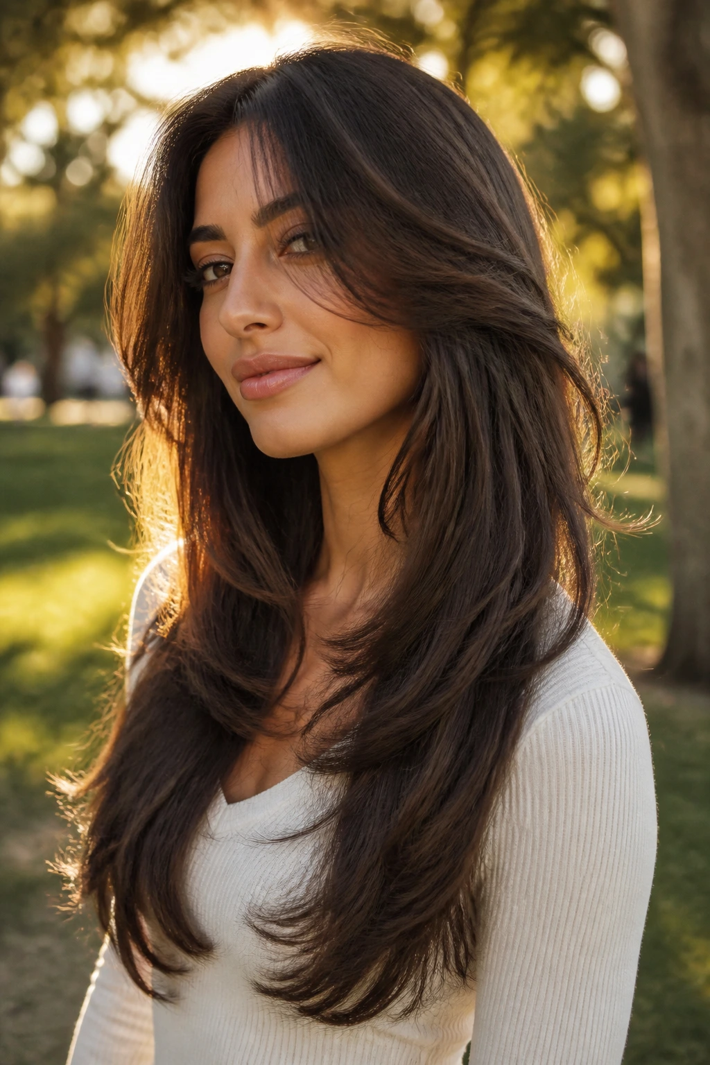 Portrait showing butterfly layers on long hair framing the face