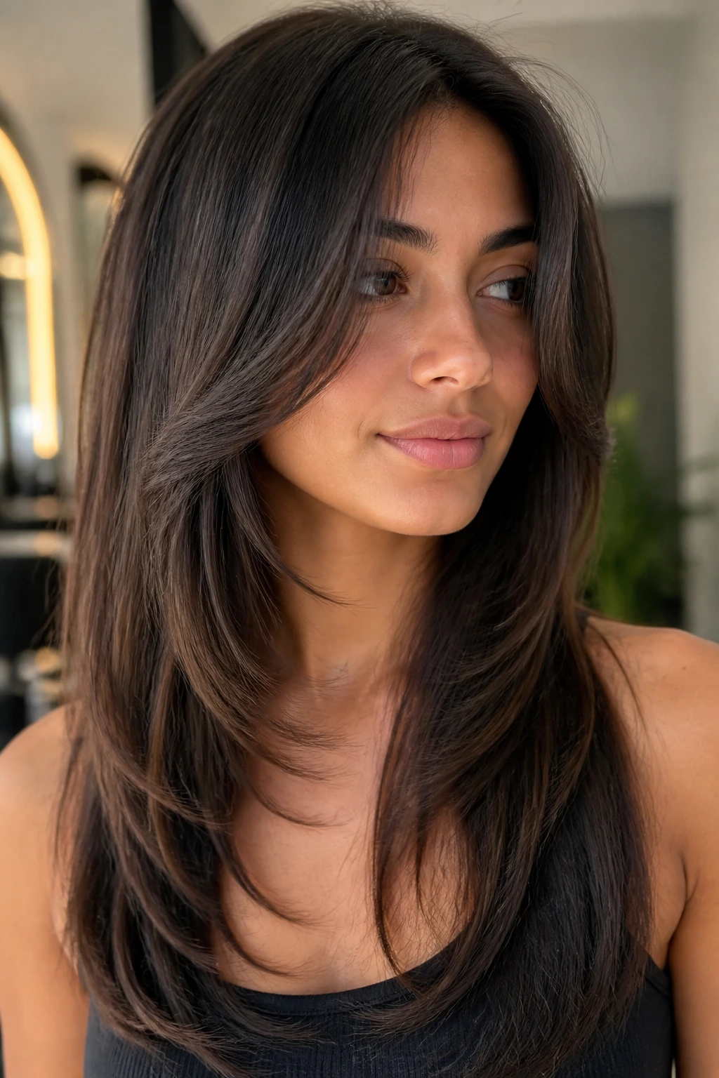 Close-up of a real person with butterfly layers on straight hair