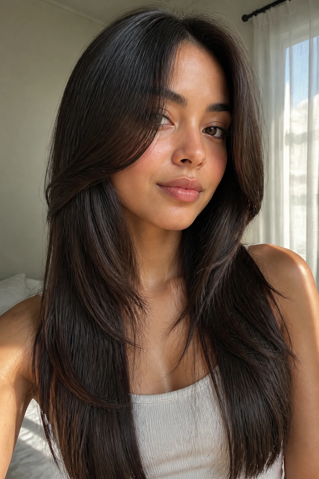 Close-up portrait of a real woman with butterfly layers on straight hair, face-framing pieces highlight movement
