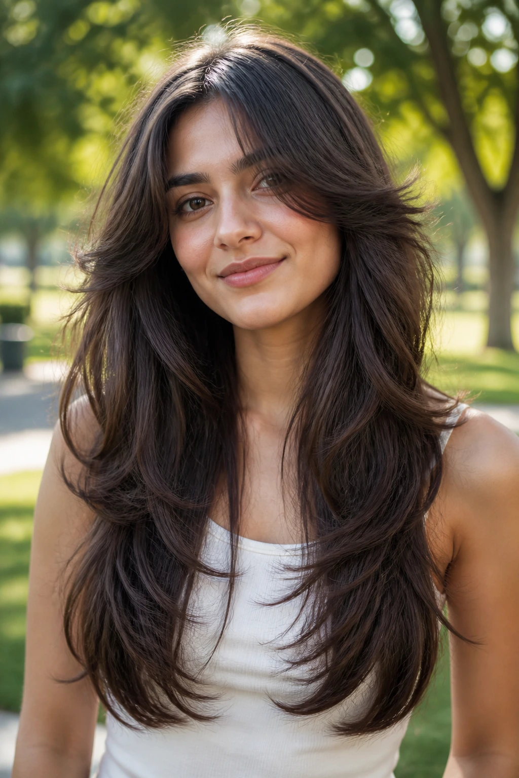 Portrait of a real woman with butterfly layers showing short top layers and long bottom length
