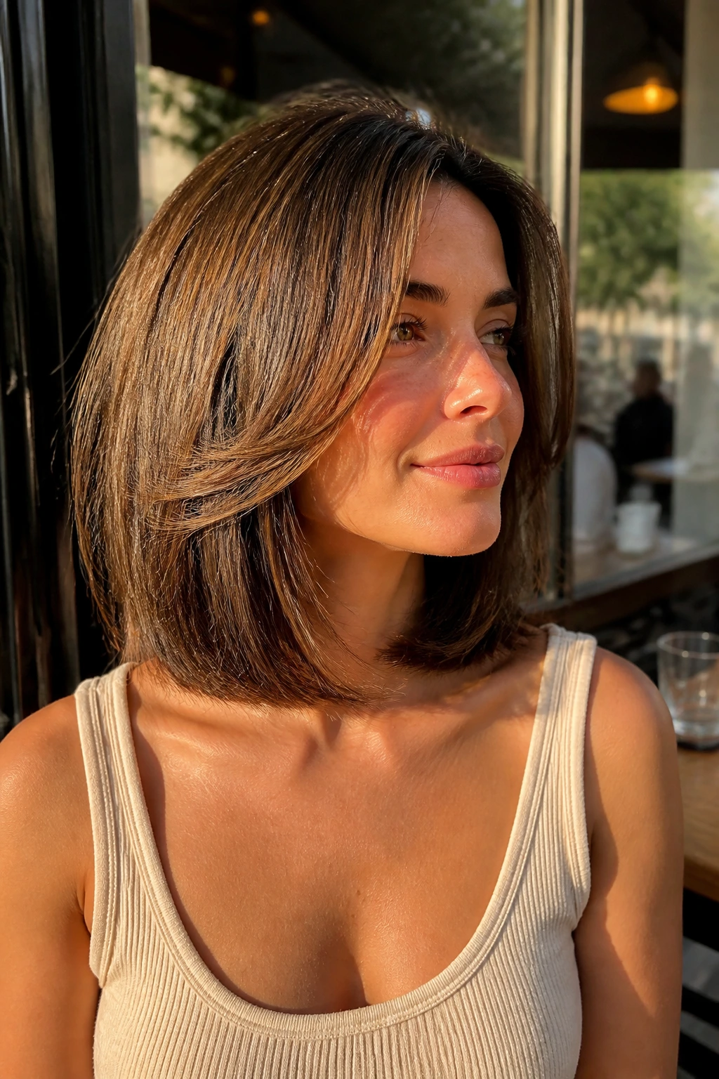 Close-up of woman with collarbone-length butterfly lob and face-framing layers