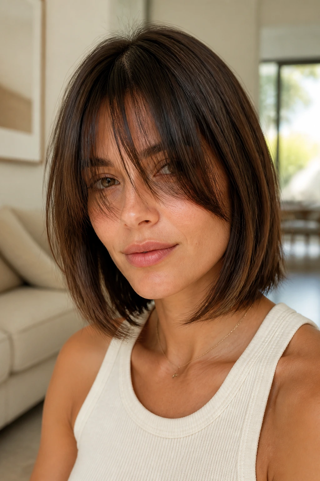 Close-up of a real woman with minimalist butterfly lob and long fringe