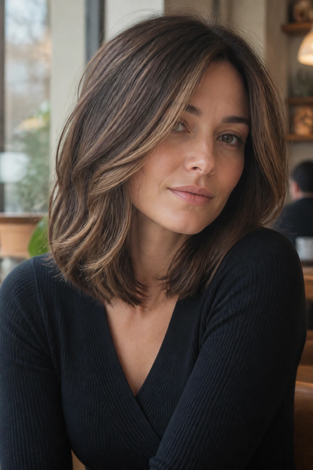 Close-up of shoulder-skimming butterfly lob hairstyle on real person