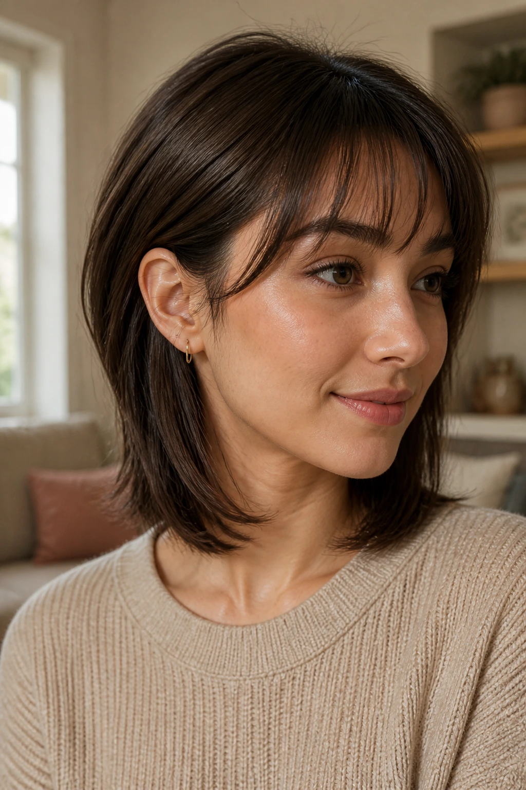 Close-up of a woman with Tucked-Behind-Ear Butterfly Lob hairstyle, wispy bangs tucked behind ear in warm window light