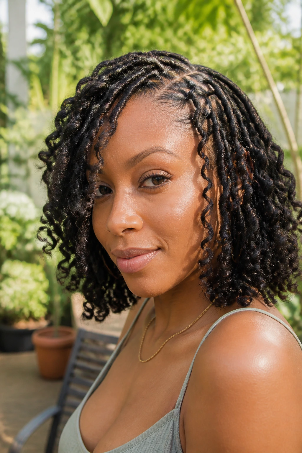 Close-up portrait of a real person with butterfly loc bob on a sunny garden patio