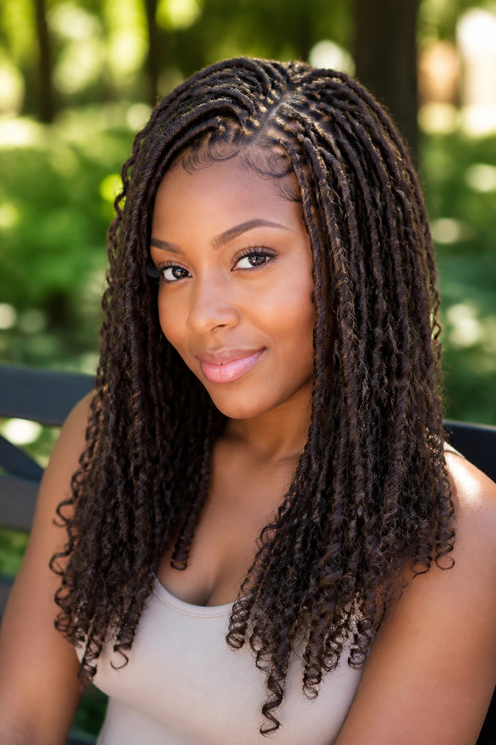 Close-up portrait of a real person with butterfly loc crochet and neat ends