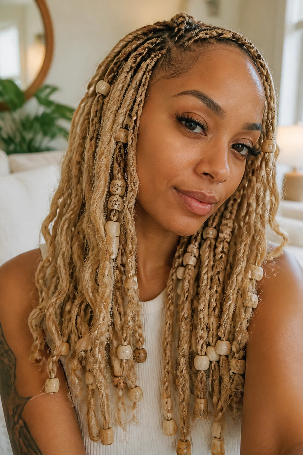 Close-up of beige-blonde butterfly locs with neutral beads.