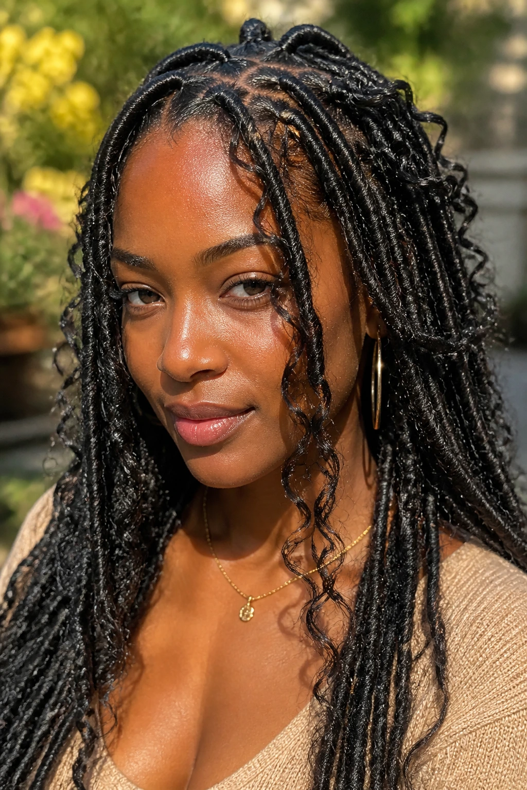 Close-up of a real person with butterfly locs and soft frizz in a sunlit garden