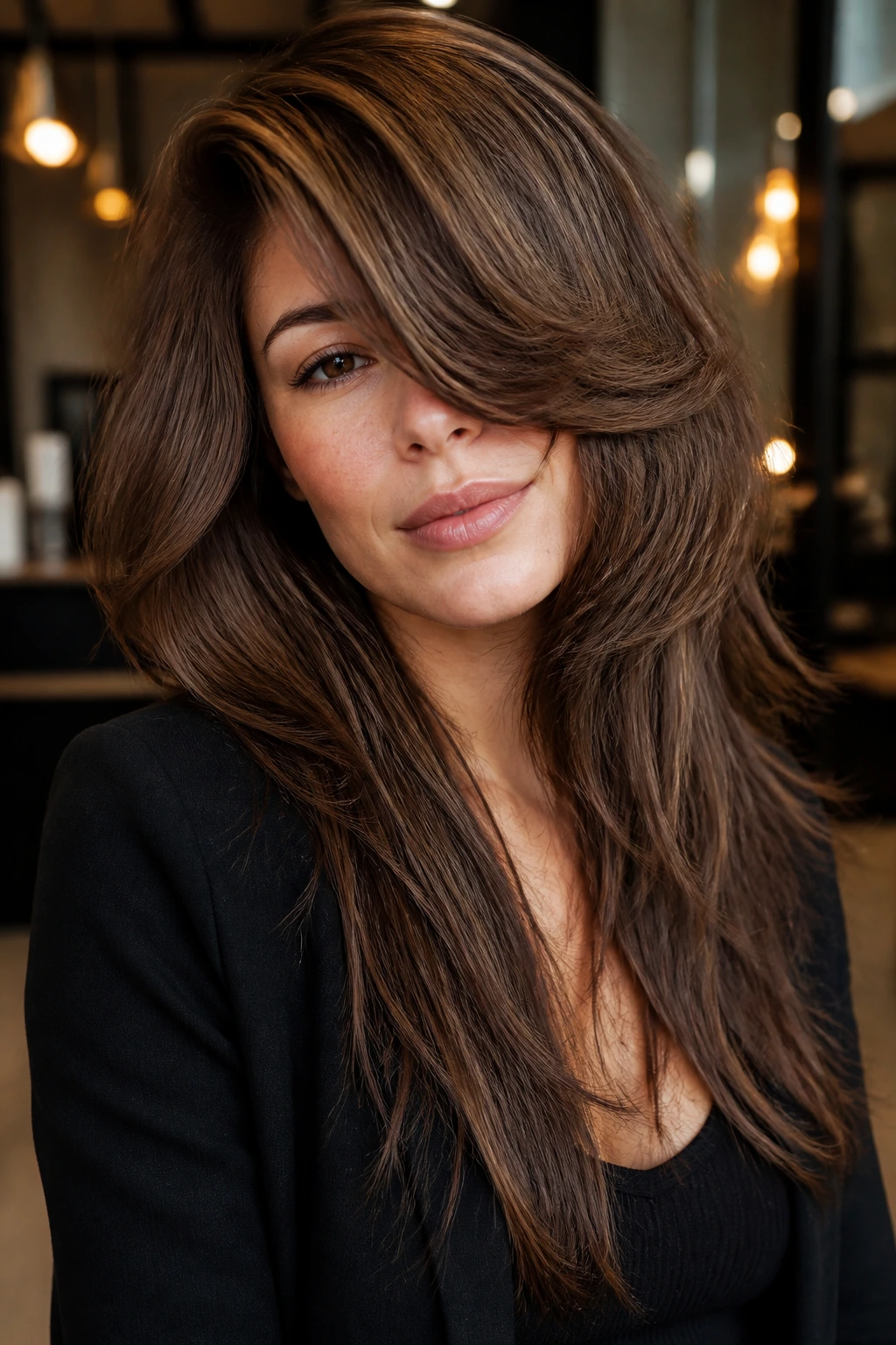Real woman with deep side-swept asymmetrical butterfly shag, close-up portrait
