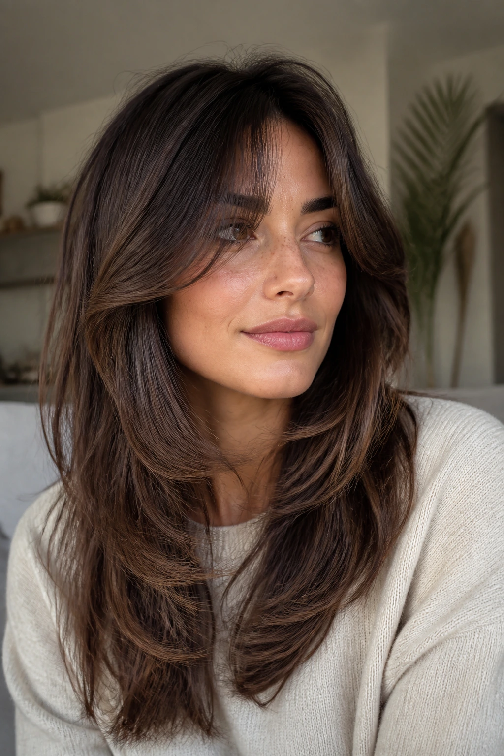 Real person with butterfly shag face-framing layers in natural light