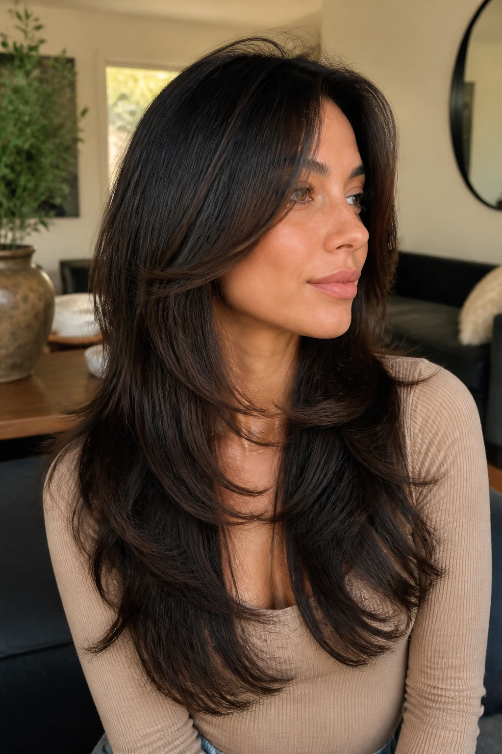 Real woman with grow-out butterfly shag and tidy perimeter, medium close-up