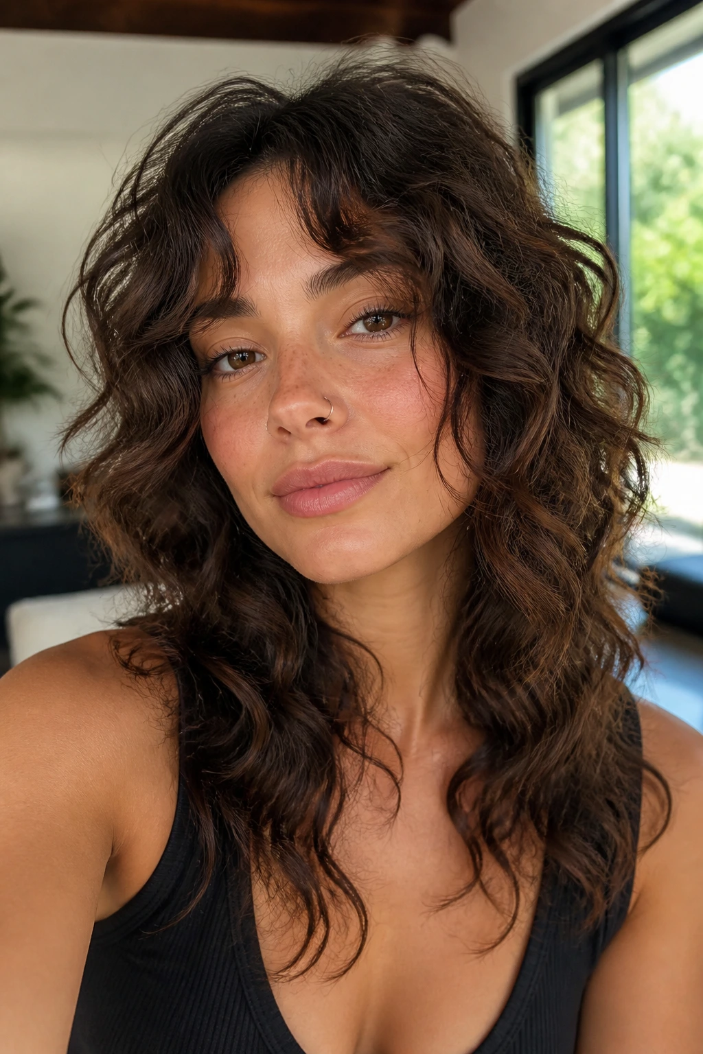 Close-up portrait of a real woman with Butterfly-Shag Hybrid hairstyle framing her face
