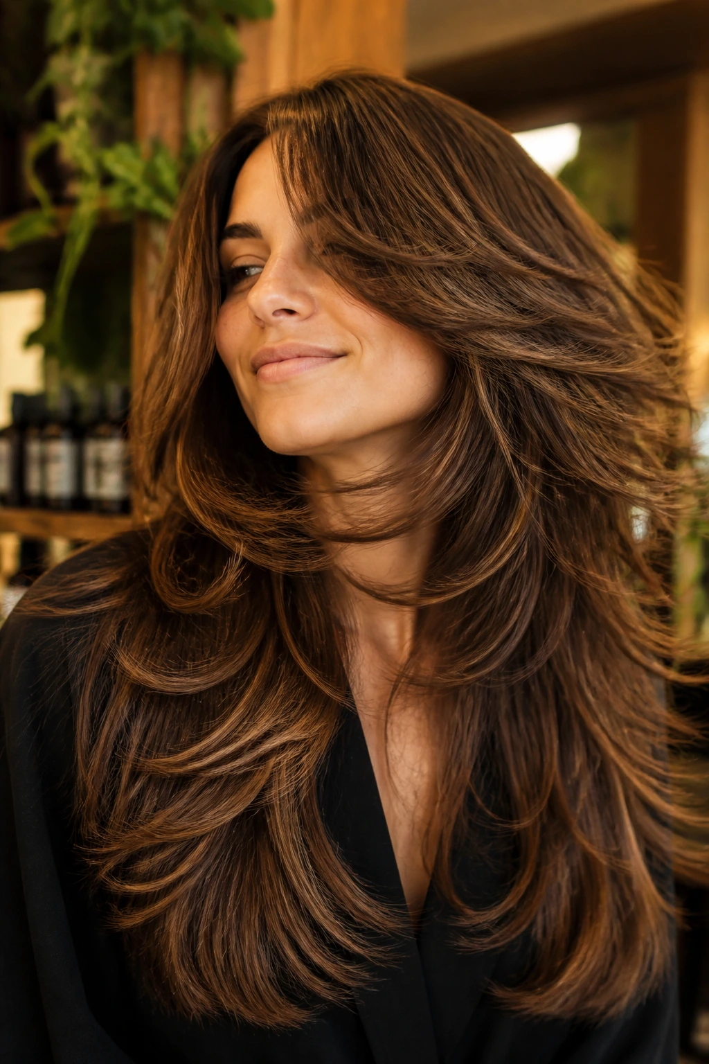 Portrait of a real woman with a long butterfly shag showing movement and swing in thick hair