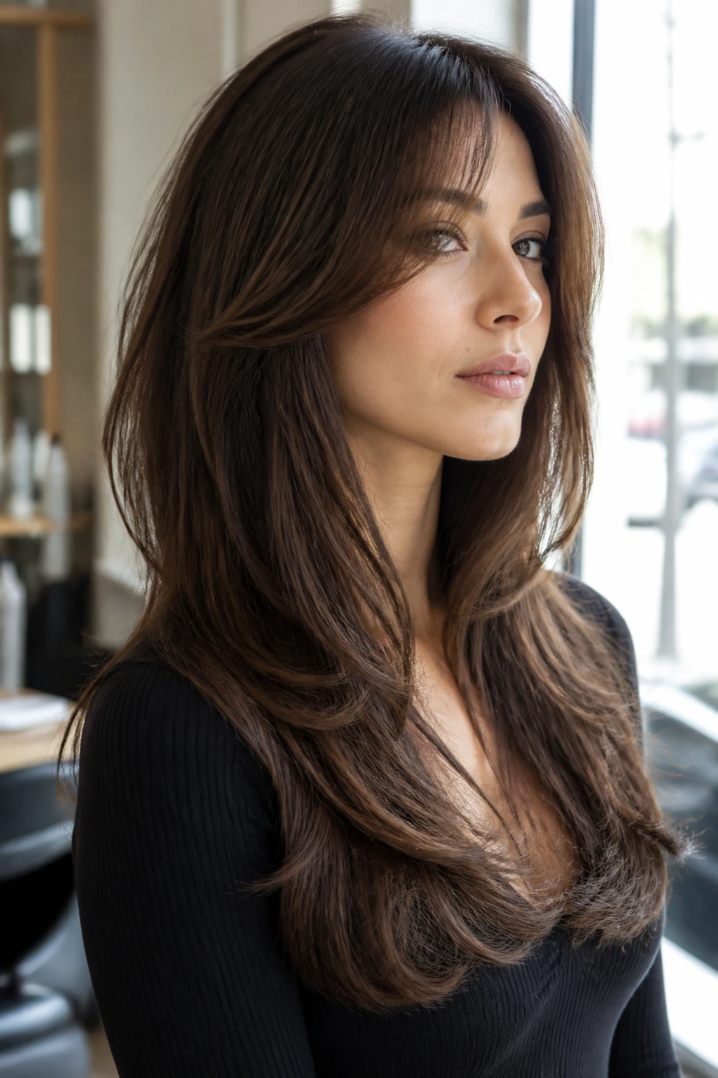 Real woman with chin-starting butterfly shag and long back length, close-up portrait