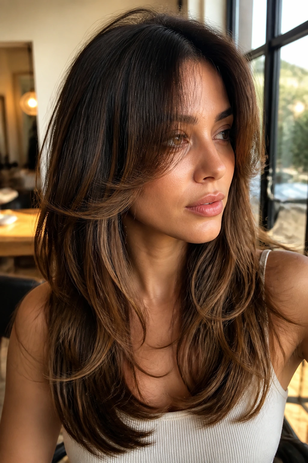 Close-up of a real woman with butterfly shape haircut lifting the face while long layers remain