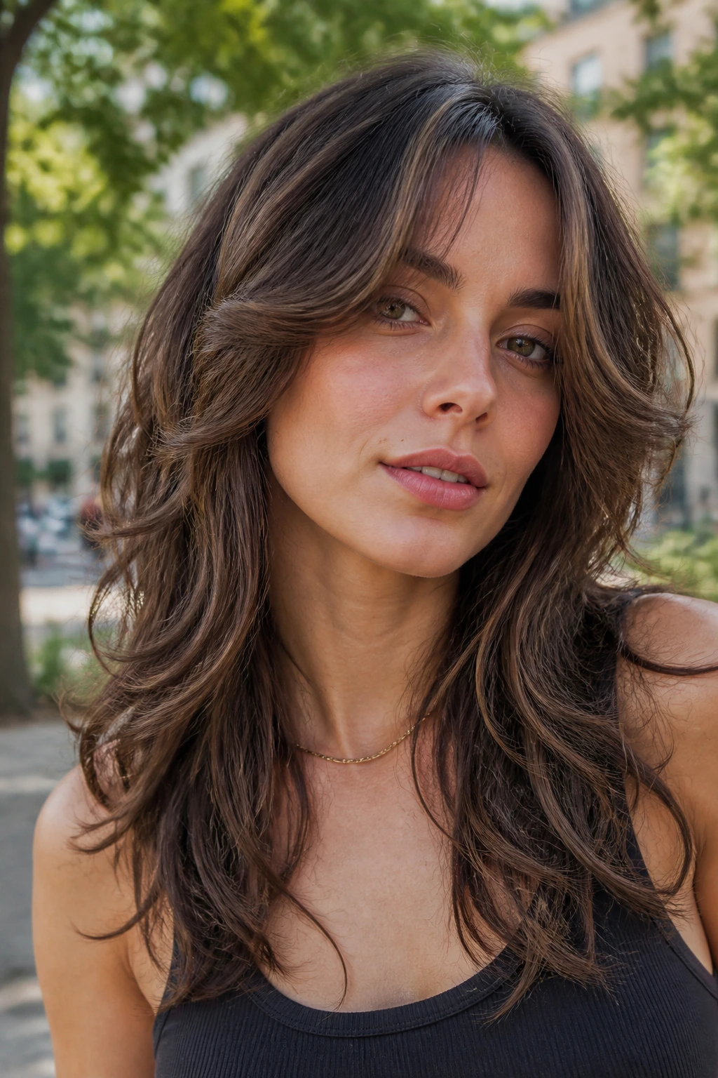 Close-up of a real woman with a butterfly-wolf blend hairstyle