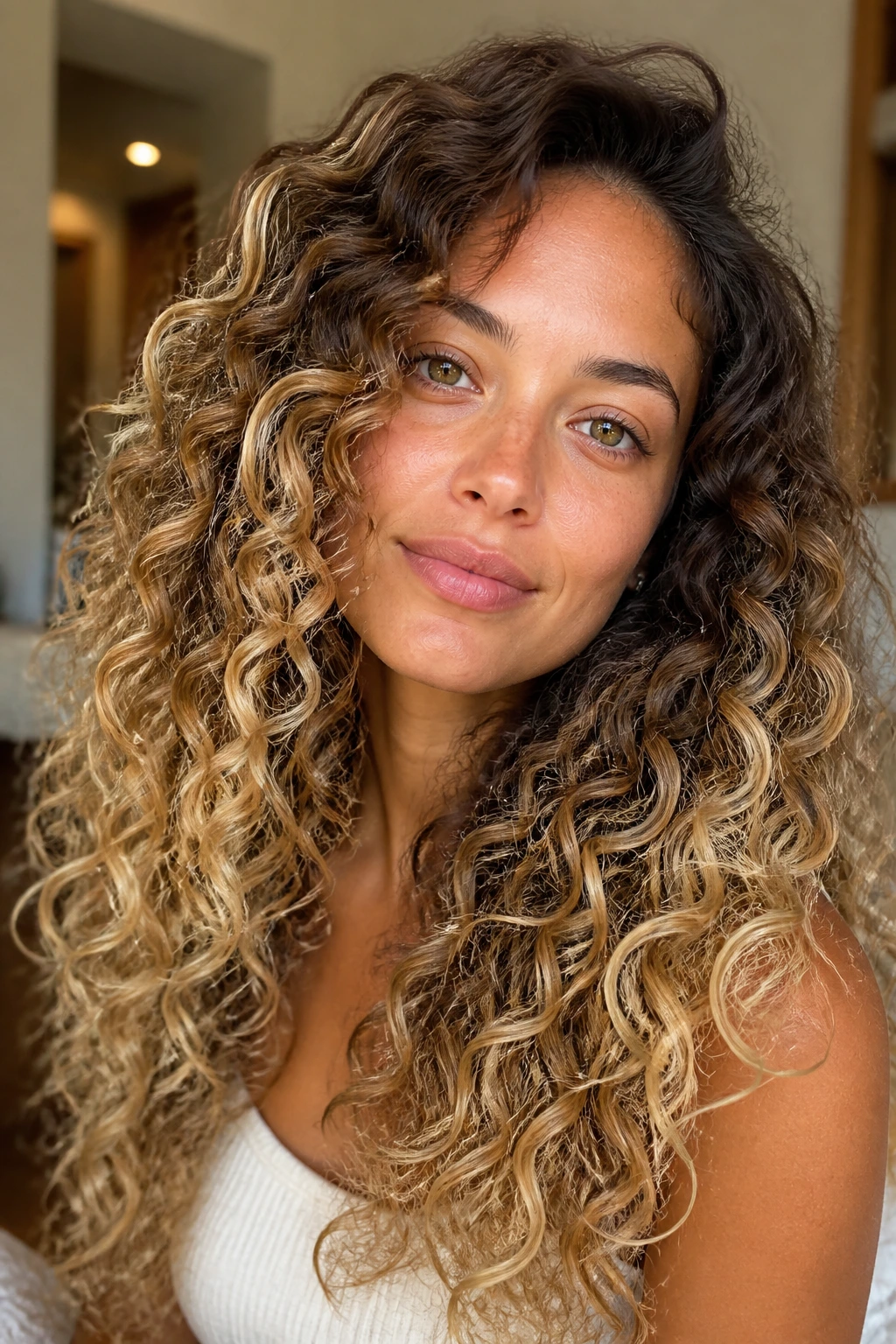 Close-up of long curly hair with buttermilk balayage on outer coils, real person