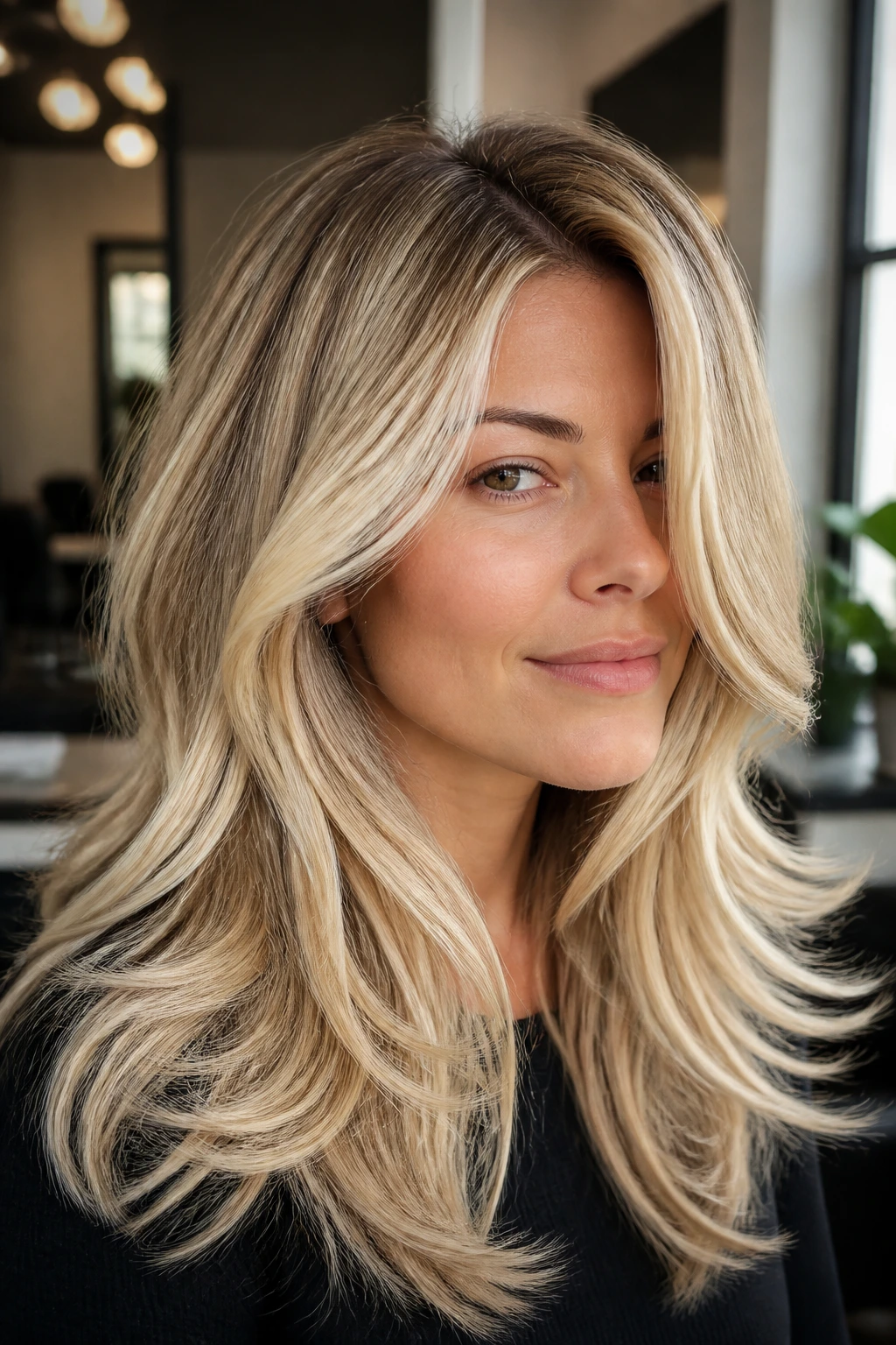 Close-up of thick hair with dimensional buttermilk blonde layers framing the face