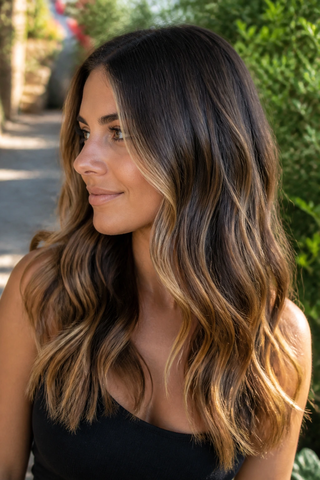 Close-up of a real woman with brunette hair featuring butterscotch balayage for sunlit dimension
