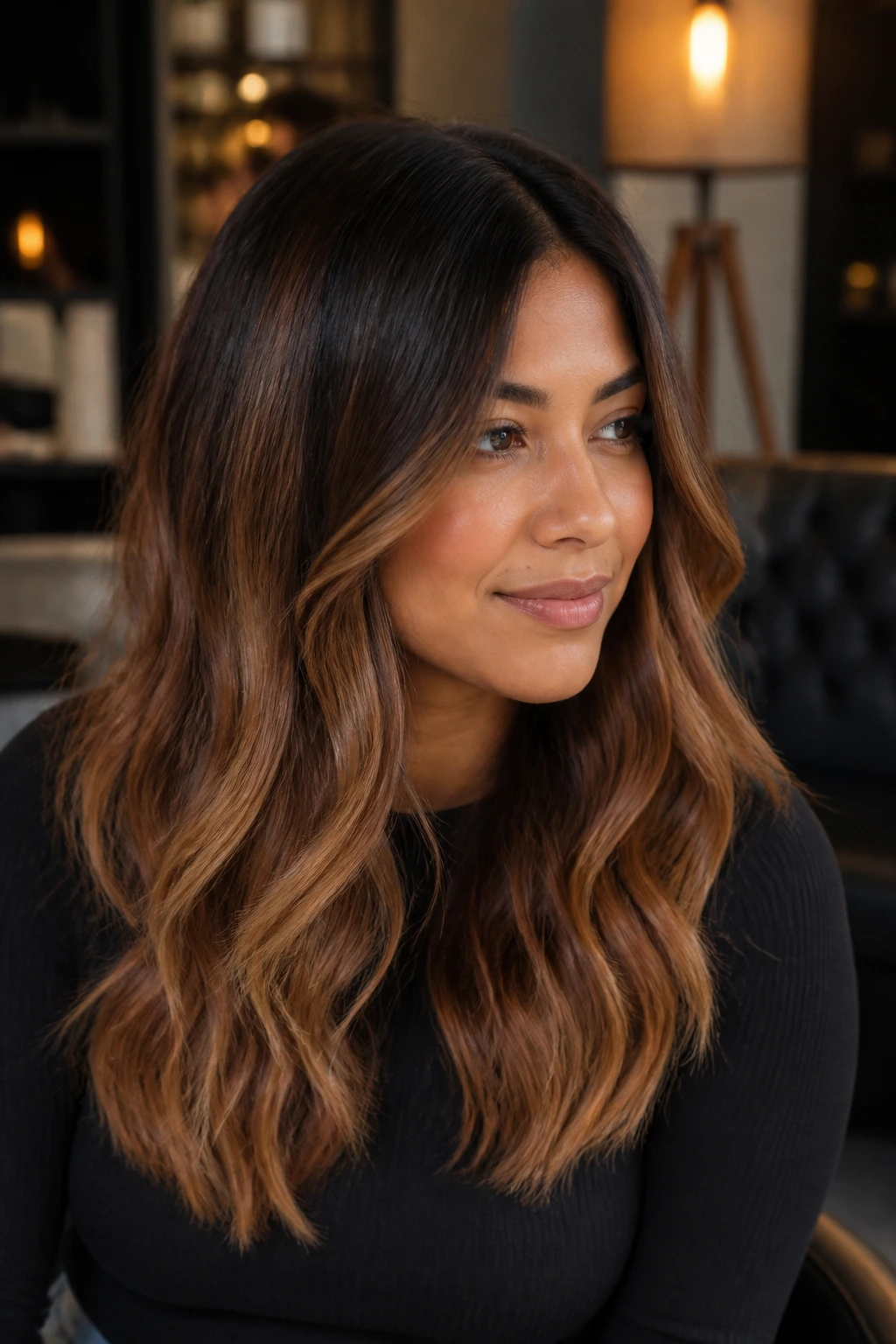 Close-up portrait of a real woman with butterscotch balayage on brunette hair
