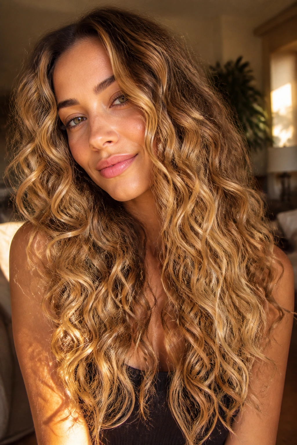 Real woman with long curly hair wearing warm butterscotch balayage with deeper roots and lighter ends