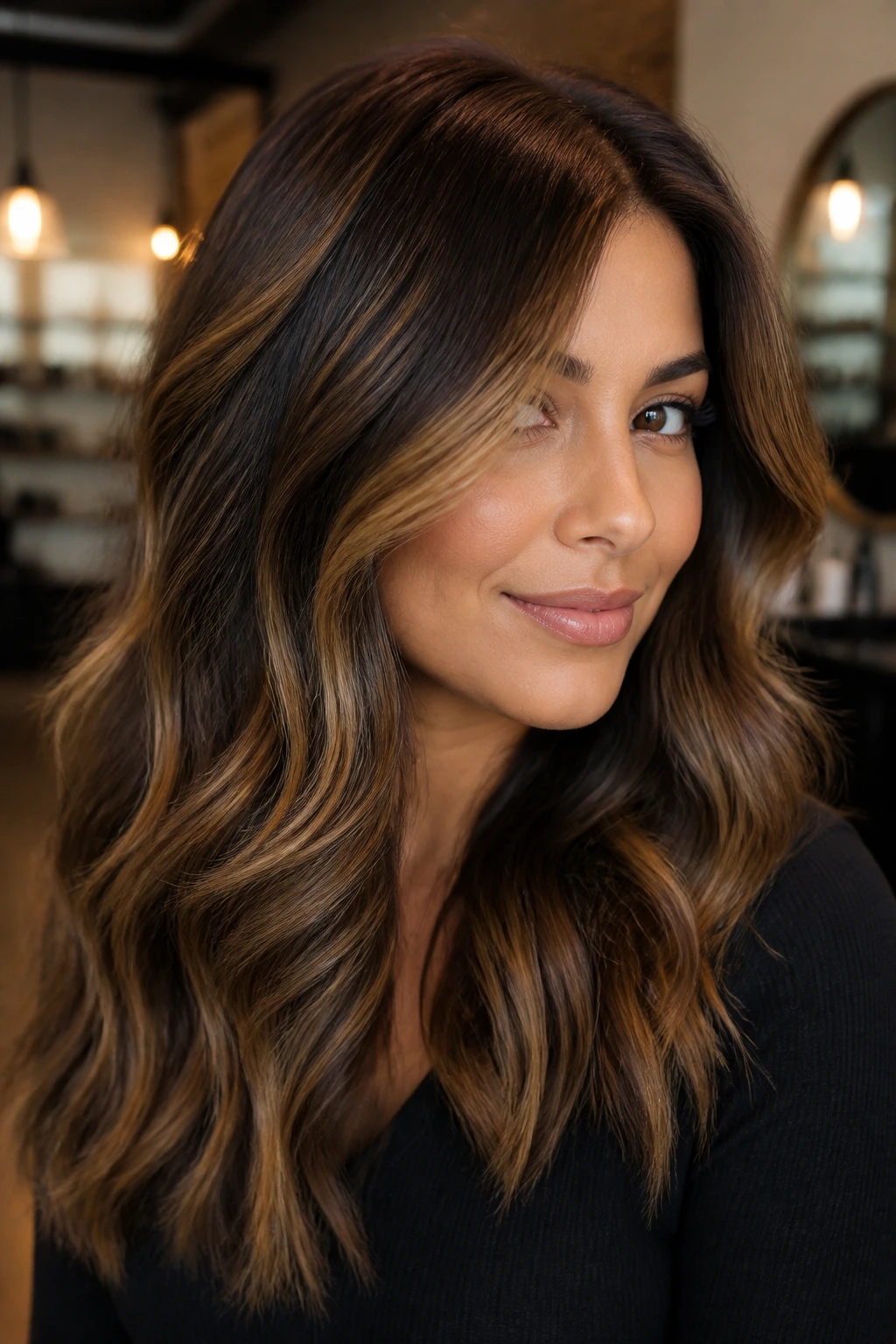 Olive-skinned person with darker base and butterscotch balayage highlights