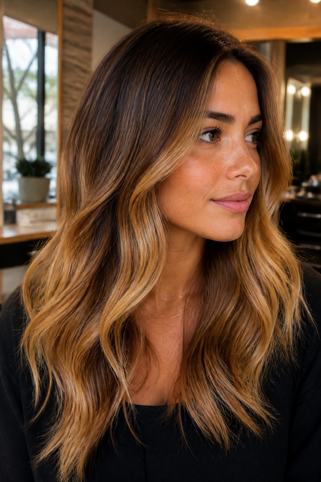 Close-up of real woman with butterscotch balayage highlighting the face