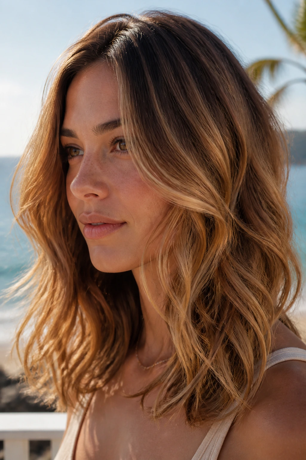 Close-up of butterscotch balayage waves on a real woman's hair