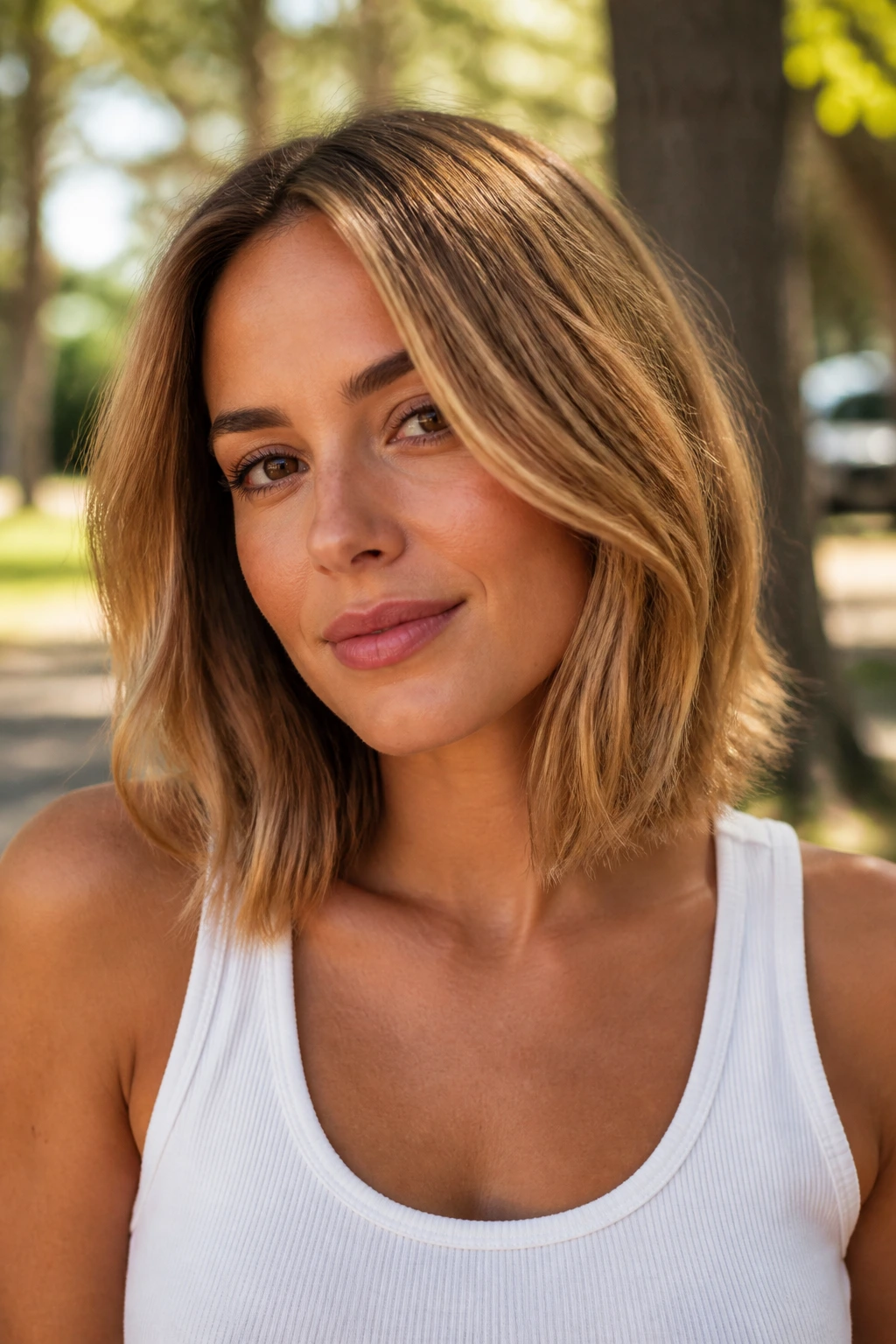 Close-up of real woman with butterscotch blonde lob in warm lighting