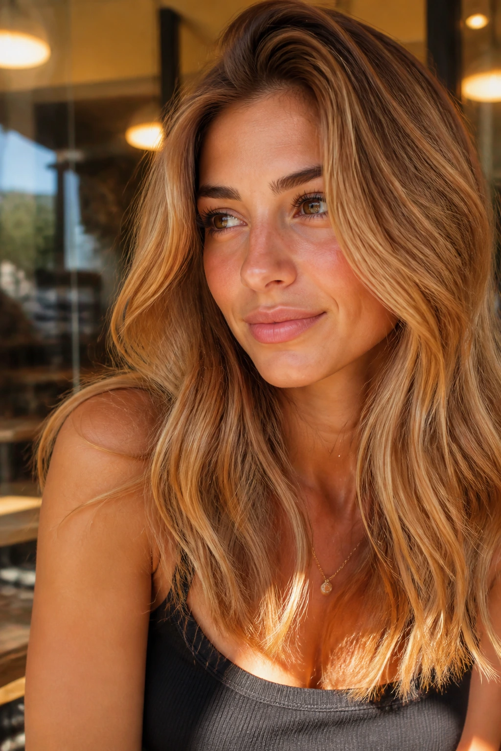 Close-up portrait of a real woman with butterscotch blonde hair in warm cafe light